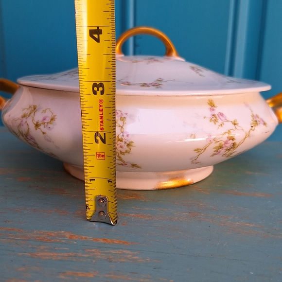 Limoges France Serving Bowl with Lid Pink Roses Gold Leaf Casserole Dish - Picture 10 of 15